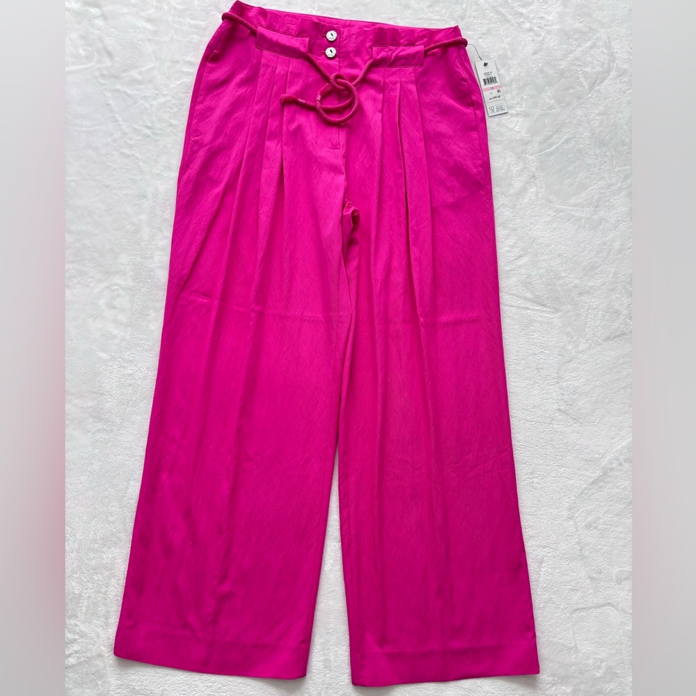 DKNY Paper Bag Pleated High Rise Wide Leg Vivid Pink Trouser--NWT--10